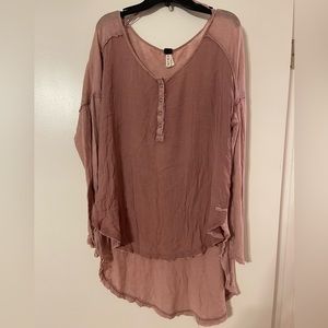 Pink Free People Long Sleeve Henley, Size Large